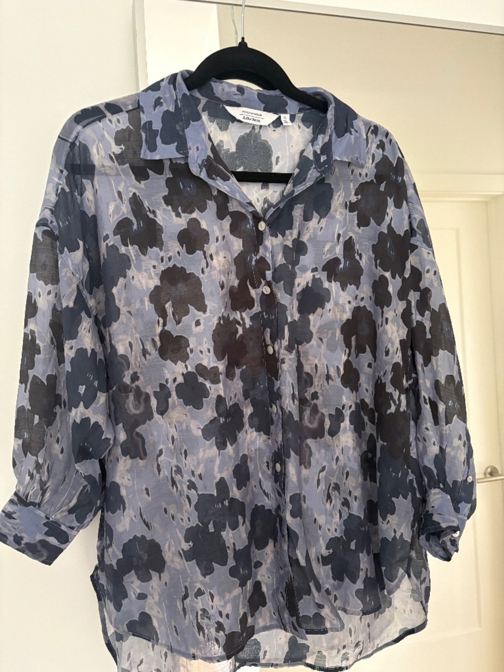 Oversized Sheer Floral Button-Down Blouse, Blue-Gray & Black, Size S